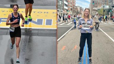 Side by side photos of Jenna Hoge competing in the Boston Marathon